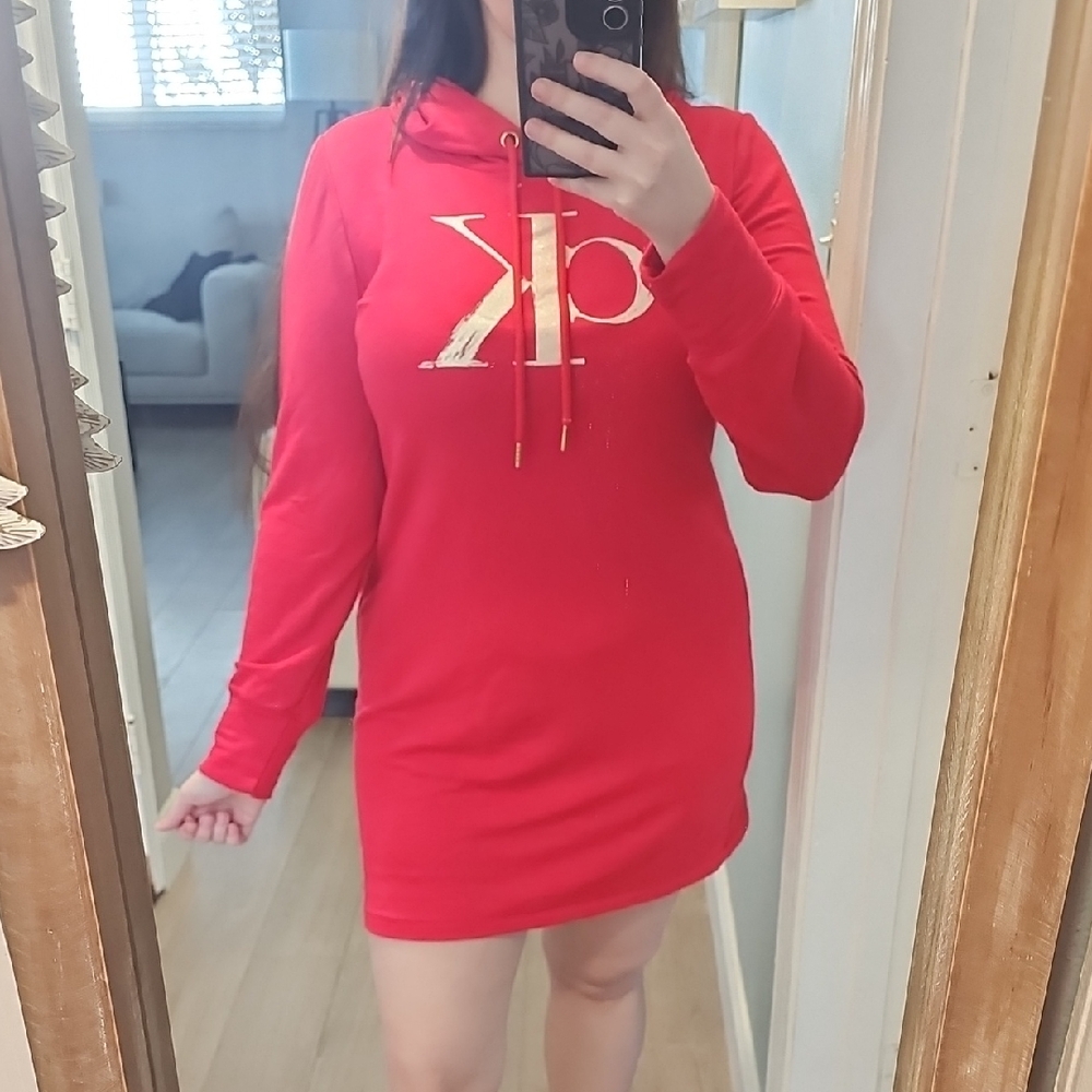 Calvin Klien Red Hoodie Dress with Gold Logo